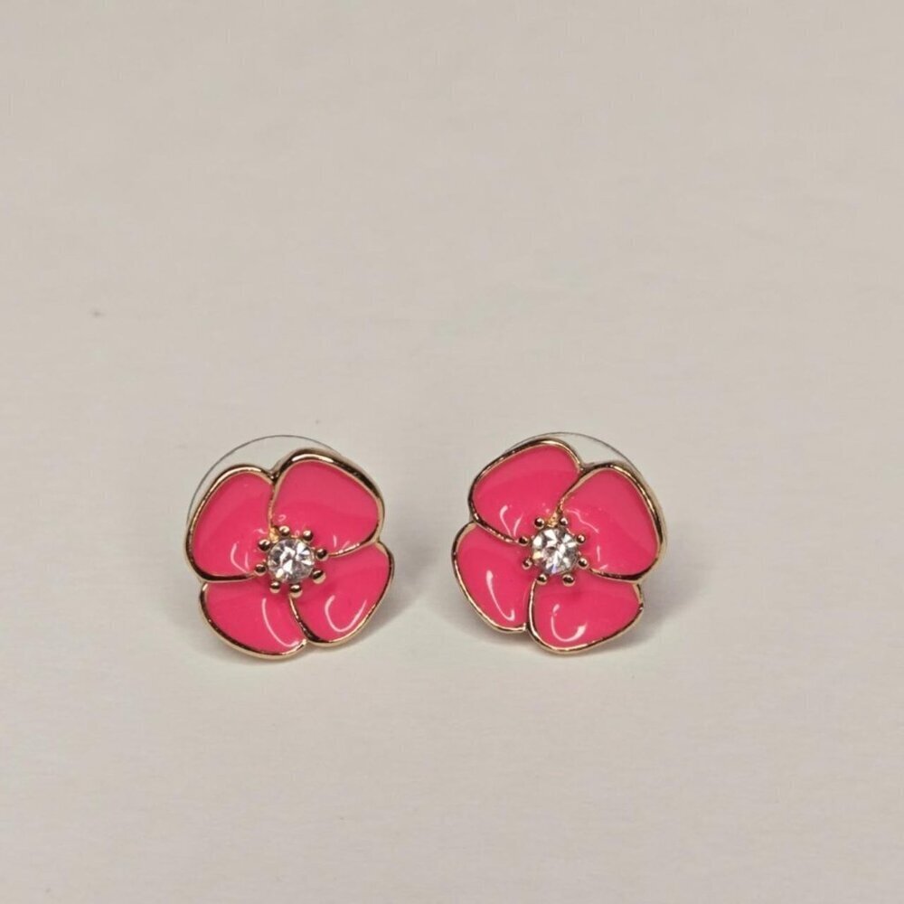 Kate Spade Pink Flower Enamel Gold Tone Crystal Center Stud Earrings
